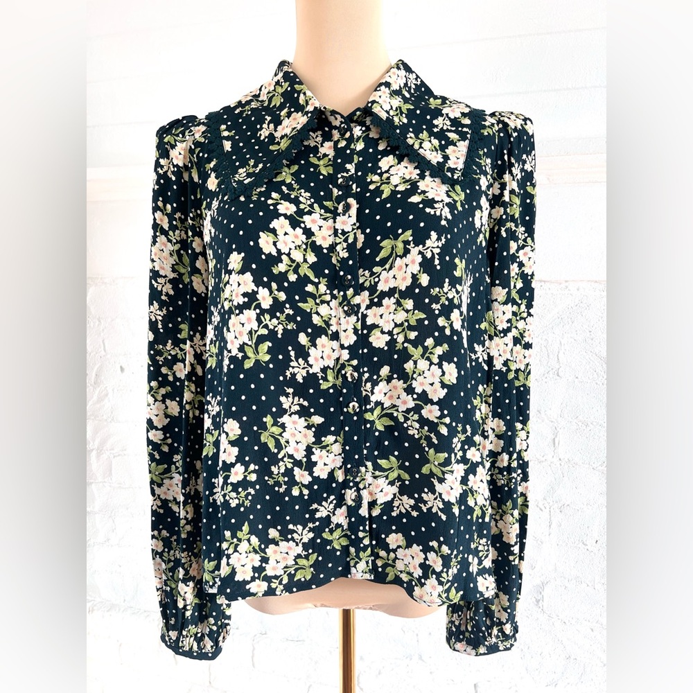 ByTiMo Anthropologie Floral And  Dot Cupro Crepe Button Blouse Dark Blue Navy M - Picture 3 of 12